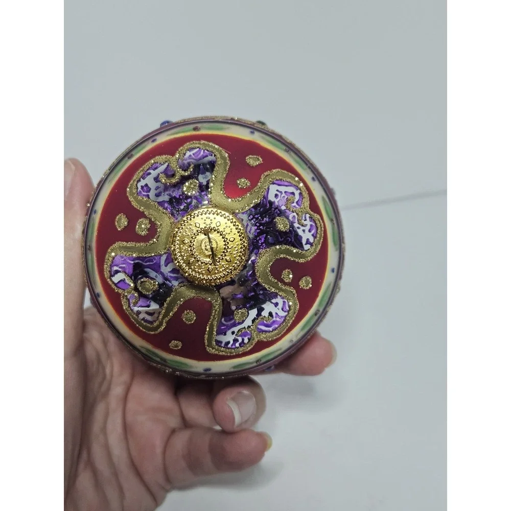 Set of 2 Polish Blown Glass Christmas Ornaments Red Ball Purple Bell Glitter Vtg